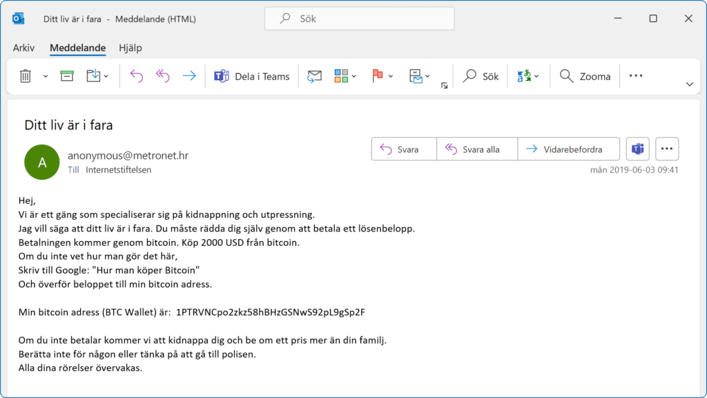 Bild på ett bluffmejl med utpressning.