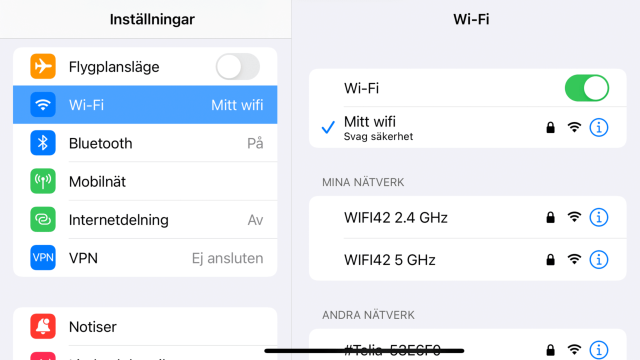 Skärmdump på wi-fi-inställningar i en iPhone.