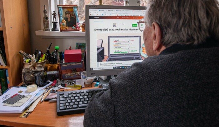 Äldre man sitter framför dator, på skärmen syns lista över svaga och starka lösenord.
