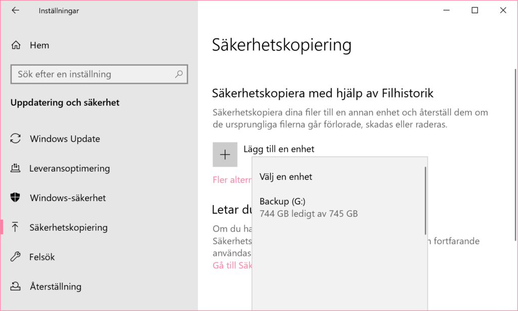 Säkerhetskopieringsverktyget Filhistorik i Windows 10.