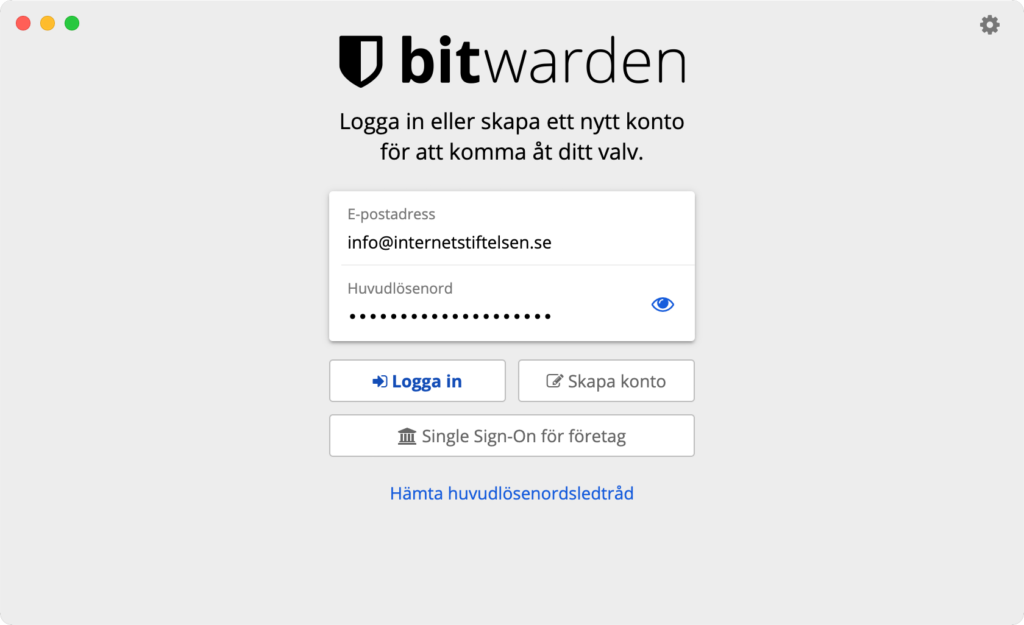 En skärmdump som visar hur lösenordshanteraren Bitwarden ser ut när man loggar in