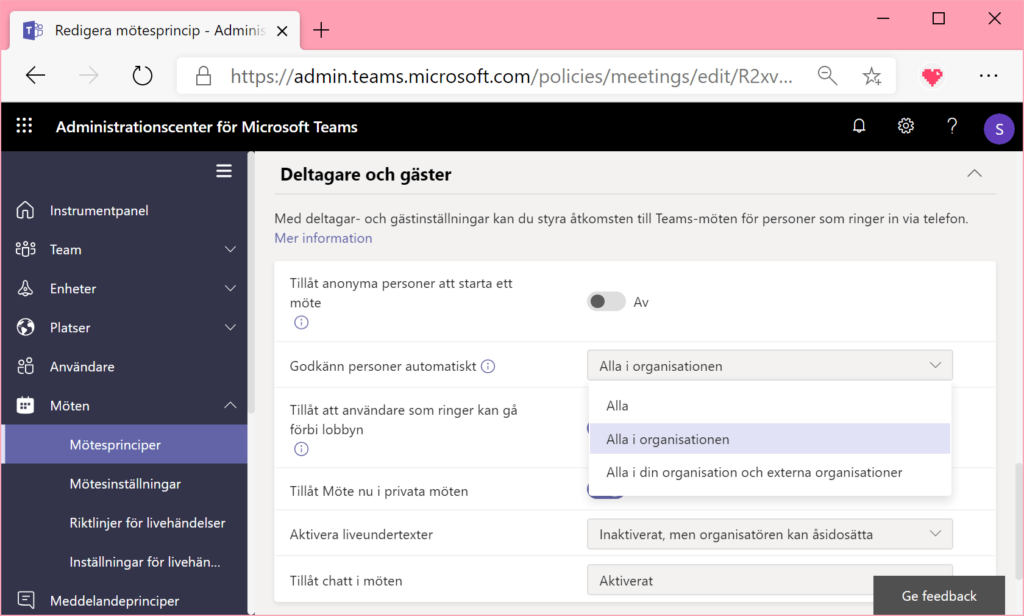 Väntrumsinställningar för Microsoft Teams