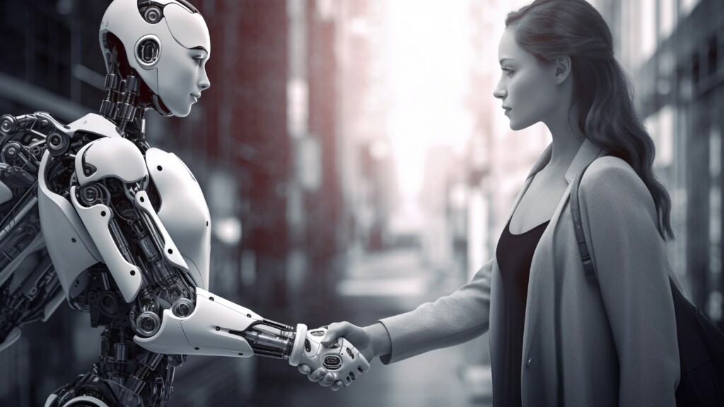 En robot och en kvinna som tar i hand.