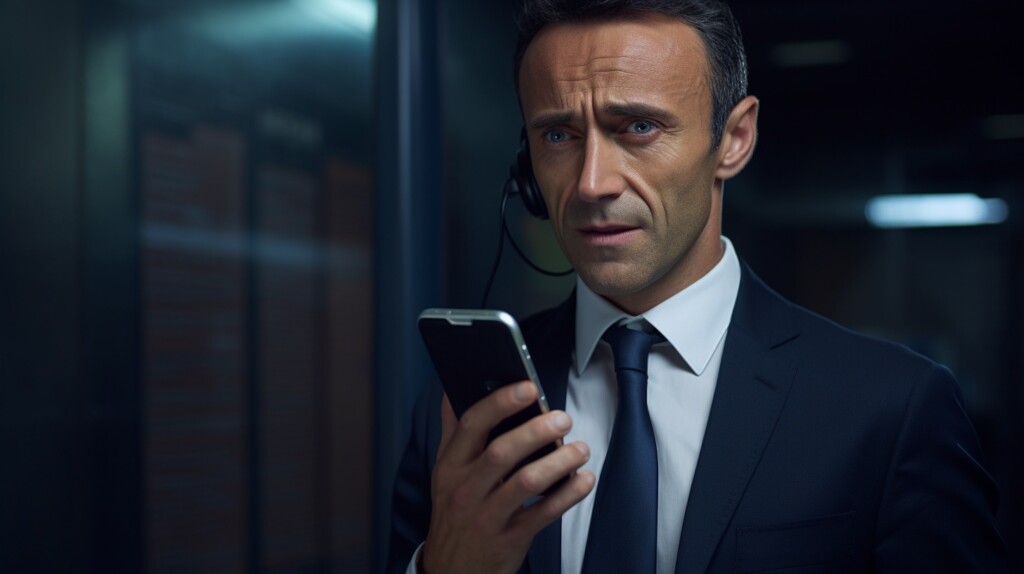 En AI-genererad bild på en man i kostym som håller en mobiltelefon.