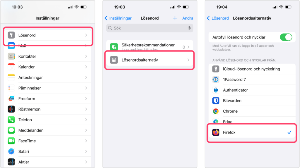 Alt-text: Tre skärmavbilder från IOS 17. Markeringar visar hur användaren ska öppna appen ”Inställningar” och klicka på ”Lösenord” följt av ”Lösenordsalternativ” för att välja vilken app som ska fylla i lösenord.