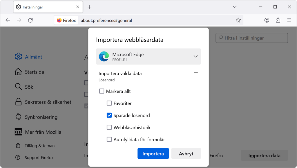 Skärmavbild av importfunktionen i Firefox på Windows 11. Alternativet ”Sparade lösenord” är ikryssat och redo att importeras från Edge.