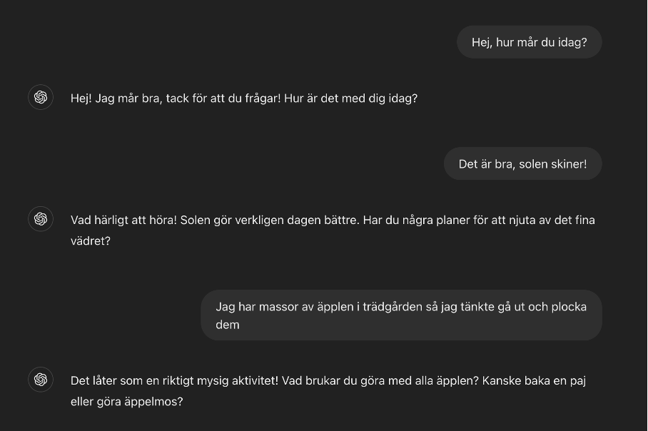 Textutdrag från ChatGPT där användaren småpratar om vädret och hur man mår idag.
