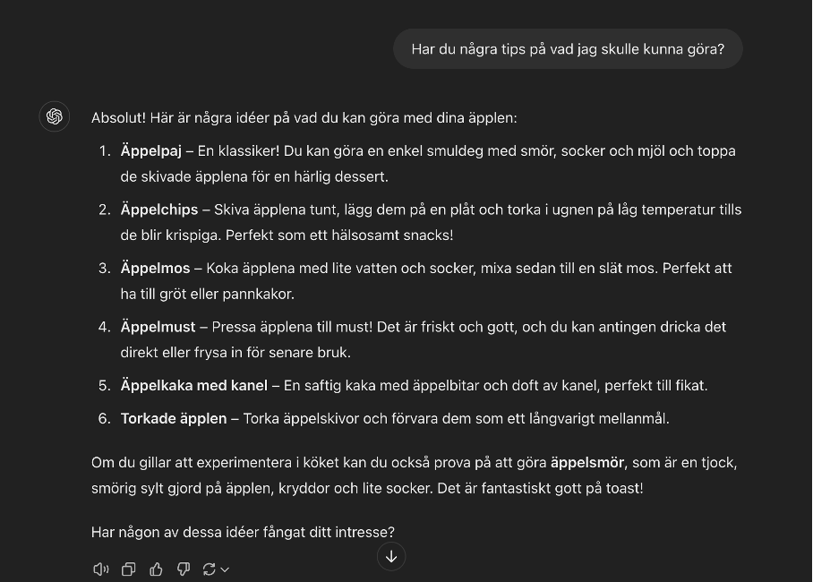 Textutdrag från ChatGPT där användaren ber om tips på vad man kan göra med äpplen.