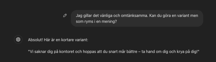 Textutdrag från ChatGPT där användaren ber om en kortare variant på meddelandet ovan.