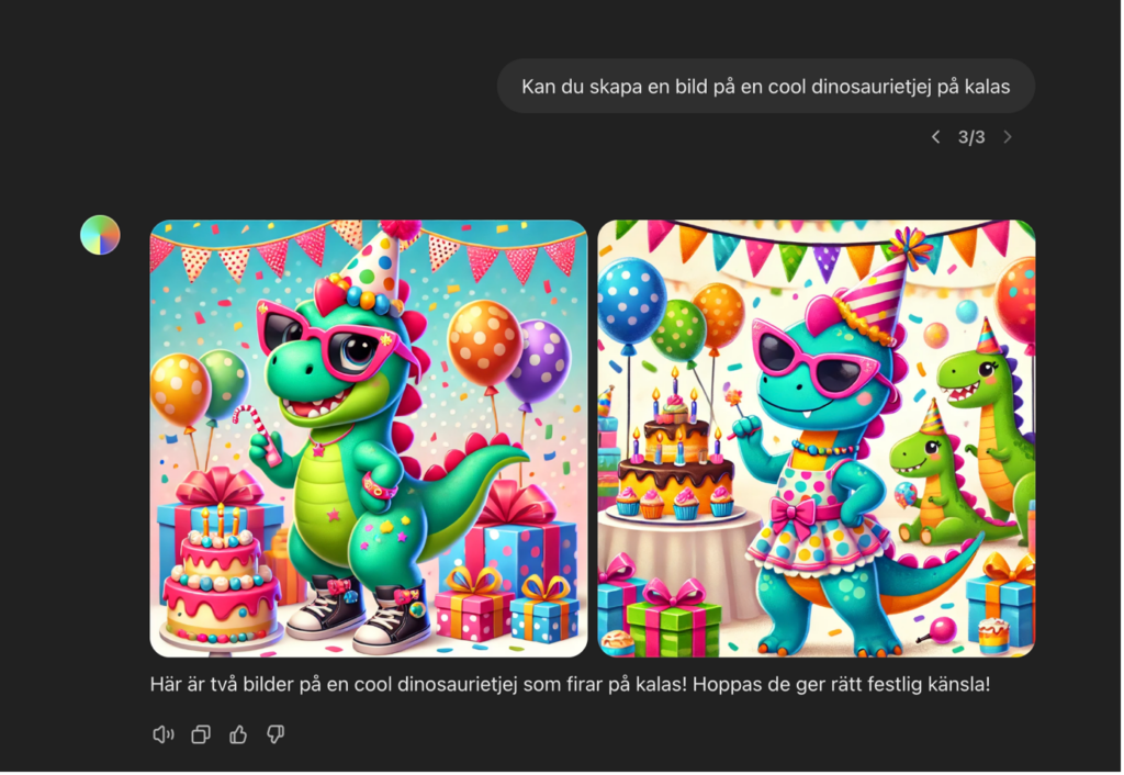 Textutdrag från ChatGPT där användaren ber ChatGPT att generera en bild till en födelsdagsinbjudan.