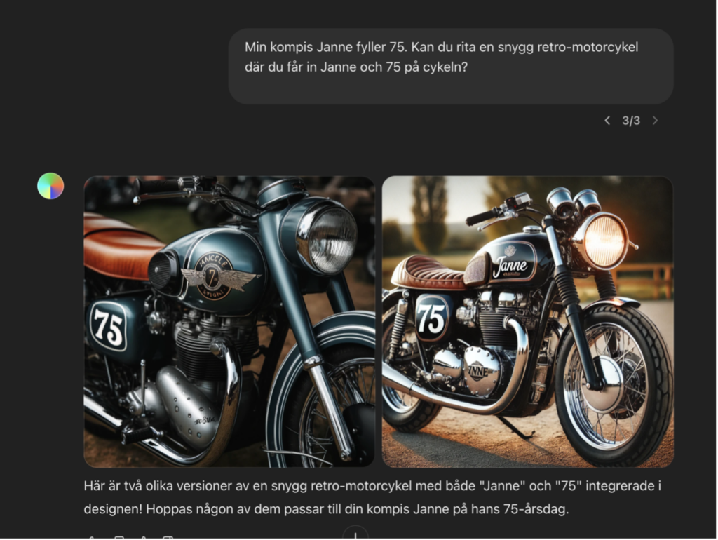 Textutdrag från ChatGPT där användaren ber ChatGPT att generera en bild till en födelsdagsinbjudan till någon som älskar motorcyklar.