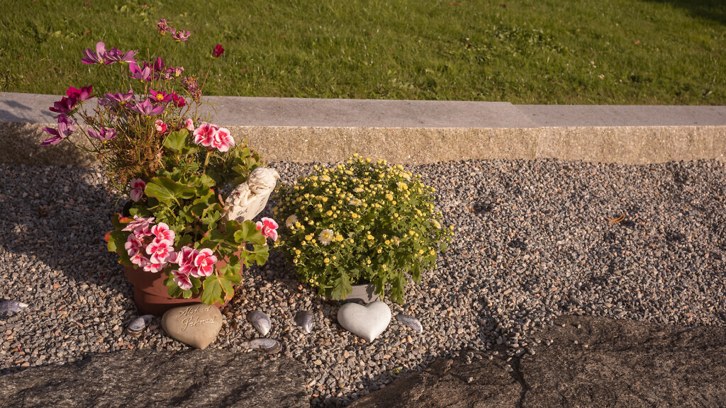 Två krukor med blommor i står på en kyrkogård.
