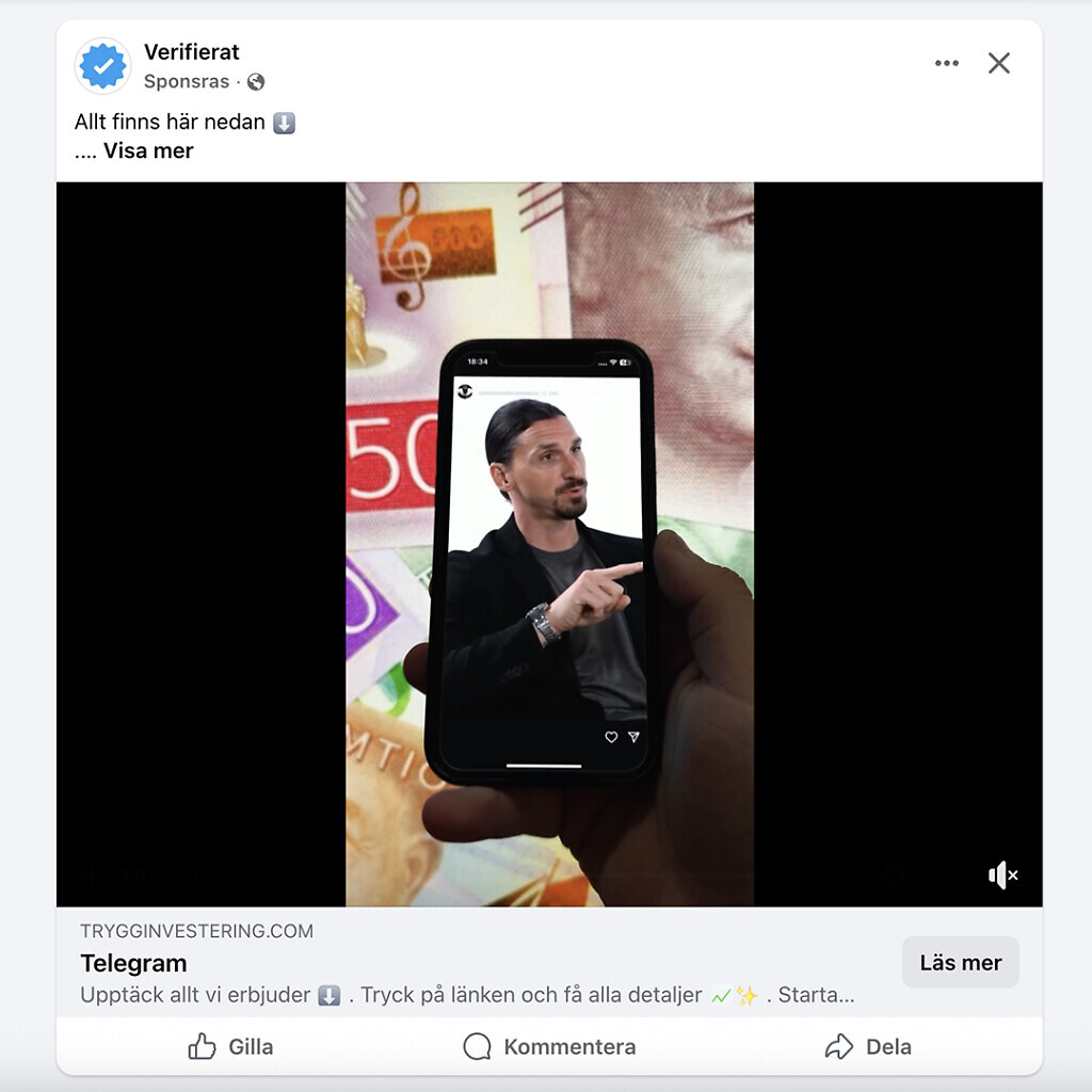 Zlatan Ibrahimovics ansikte syns på en mobil i en bluffannons som används i ett bedrägeri.