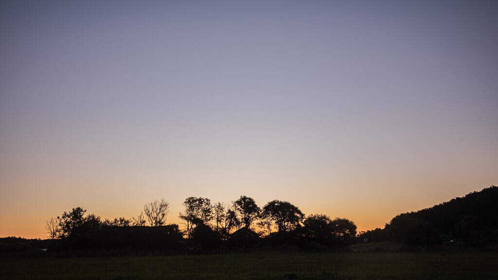 En himmel i solnedgång med några träd framför.