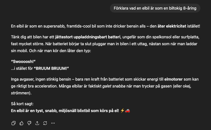 Exempel på en prompt om hur man beskriver en elbil för ett barn. För dig som vill bli bättre på att prompta.
