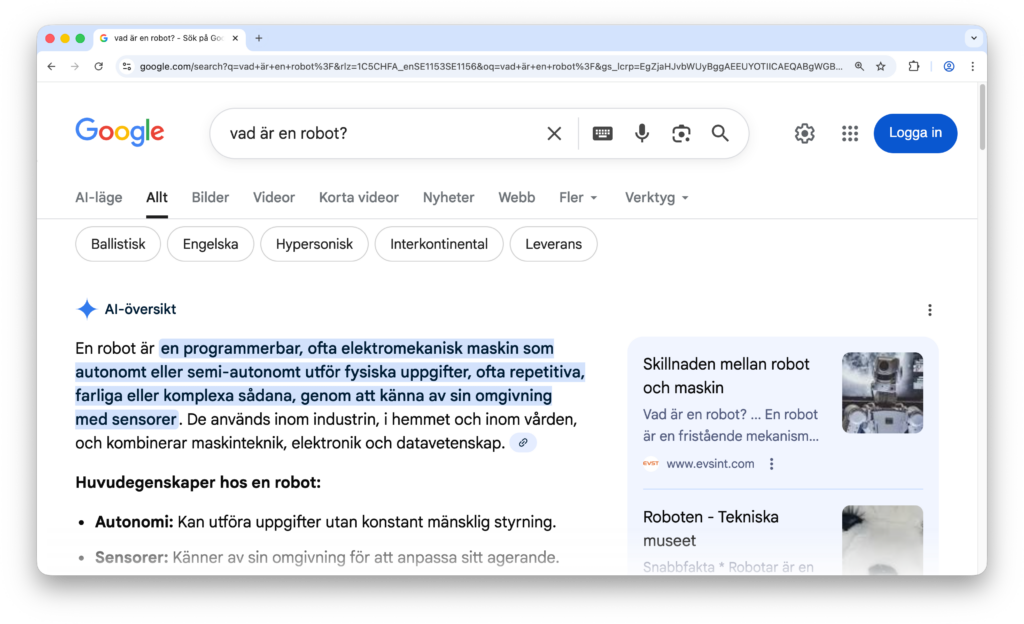 En Google-sökning som innehåller en AI-sammanfattning överst.
